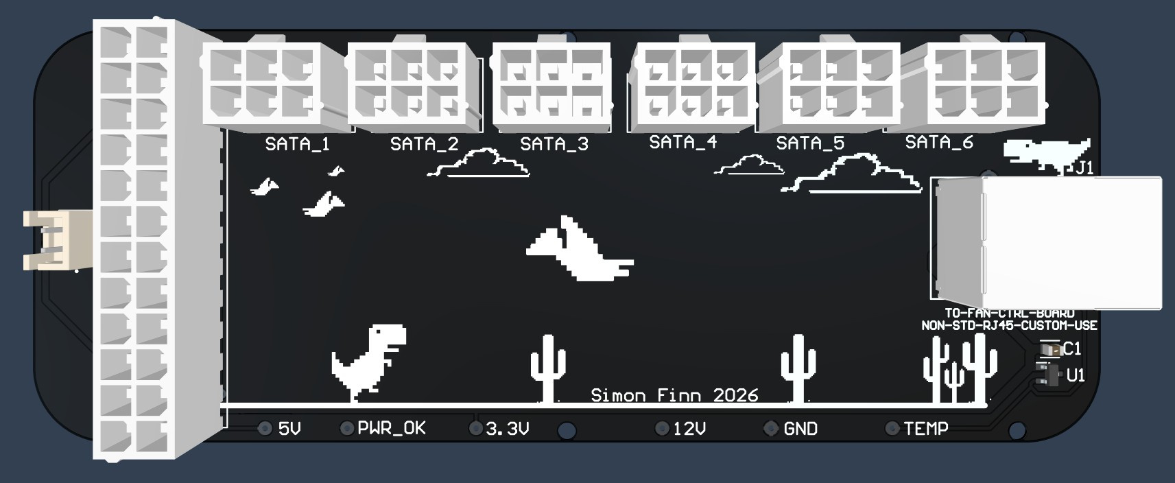 SATA power distribution PCB render showing SATA power connectors and board-to-board interface