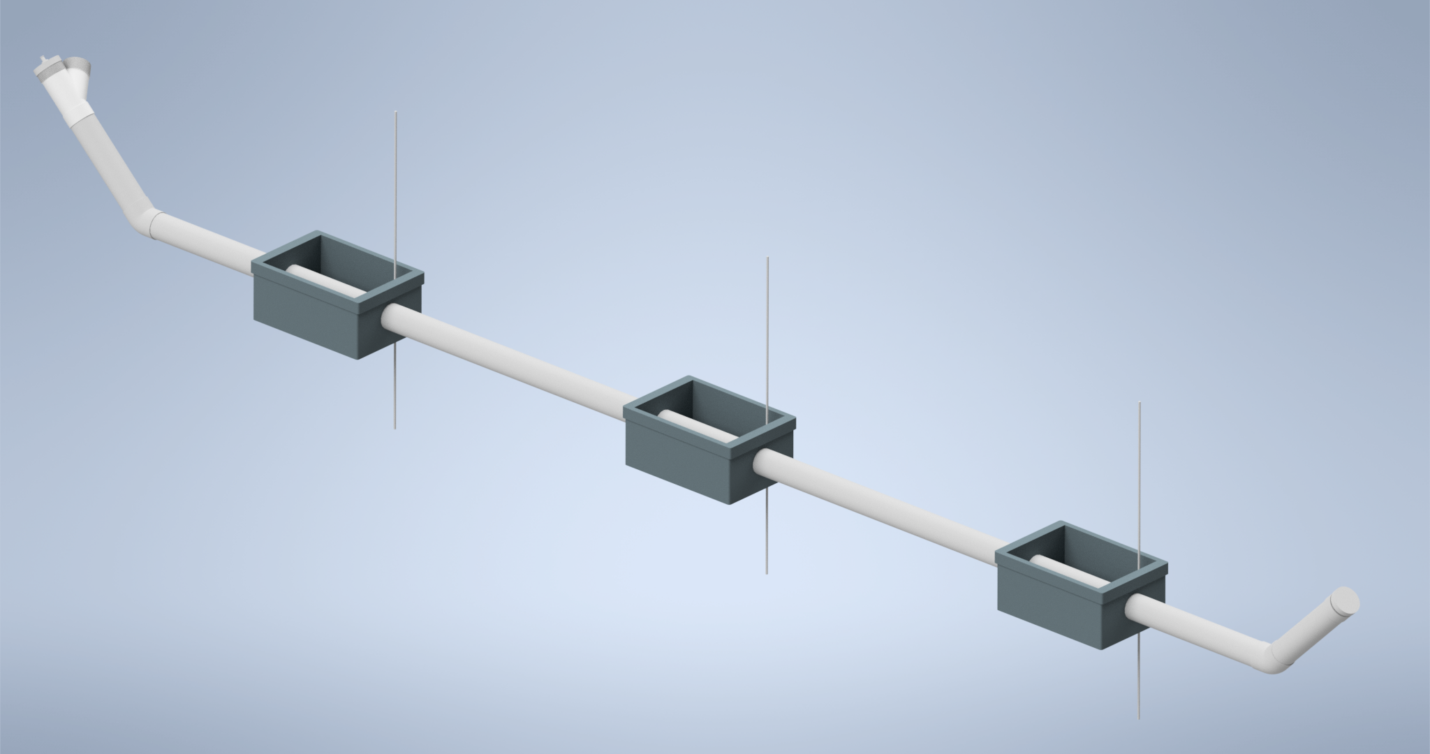 CAD render of the Sewer Serpent PVC pipe test rig with multiple soil boxes