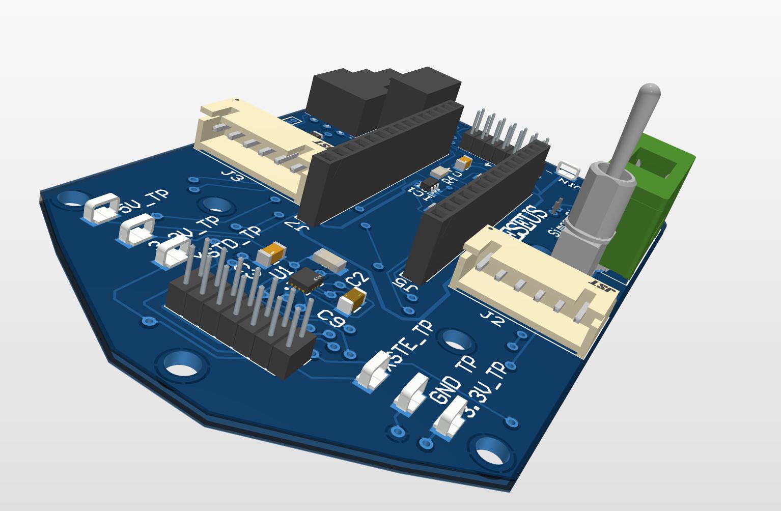 Altium render of the top-level PCB used on Theseus 3